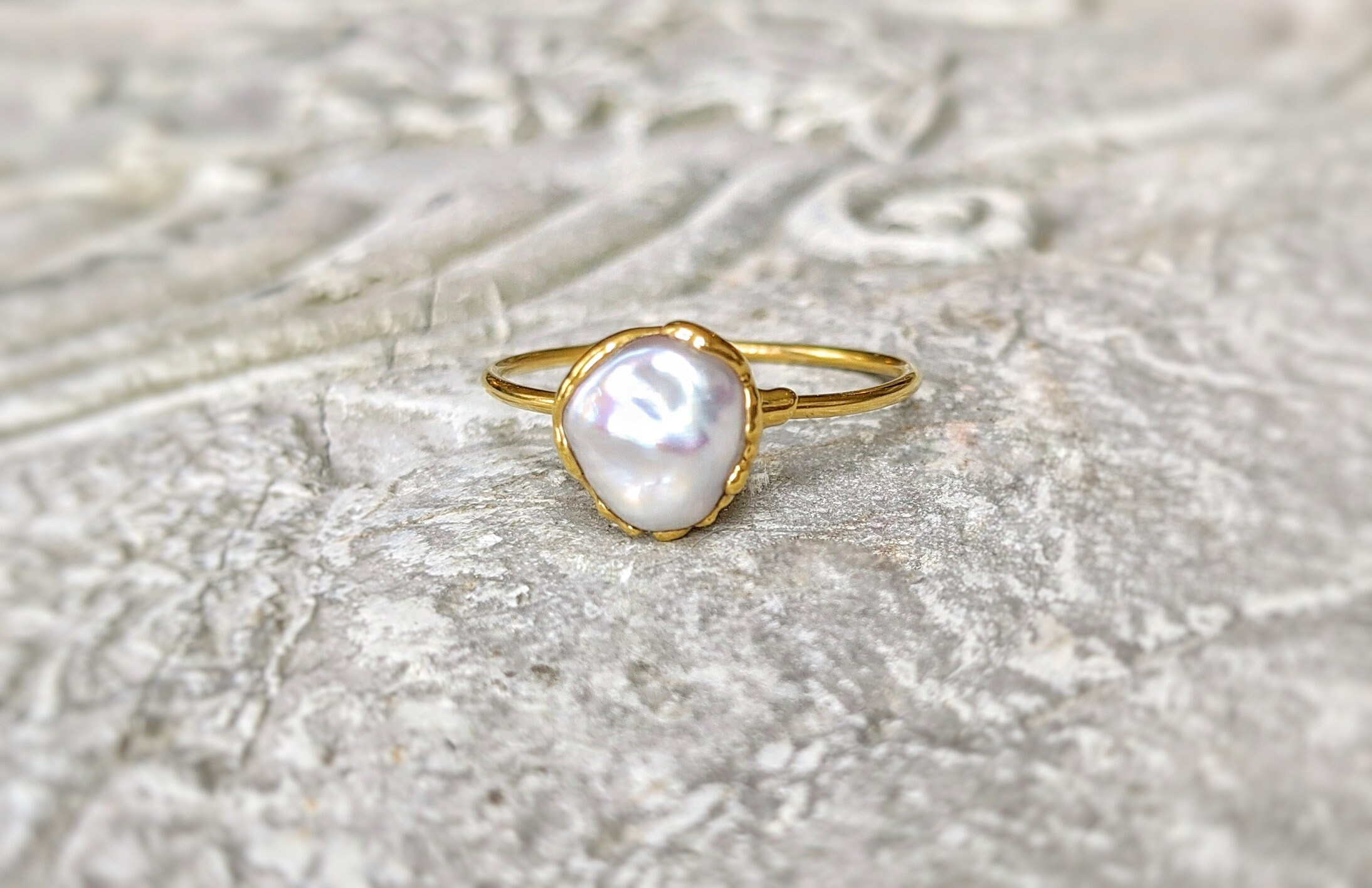 Freshwater pearl ring, Keshi pearl ring, June birthstone ring, Gold