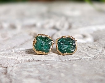 Raw Emerald earrings, Emerald stud earrings, May birthstone earrings, Green stud earrings, Green crystal studs, Raw gemstone earrings,