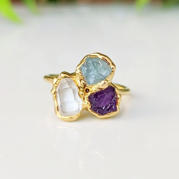 Anillo de piedra de nacimiento en bruto personalizado: anillo personalizado para madre, joyería familiar