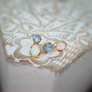 Raw Aquamarine and Opal stud earrings, Aquamarine stud earrings, Opal stud earrings, Opal Bridal earrings, March birthstone, Opal earrings image 6