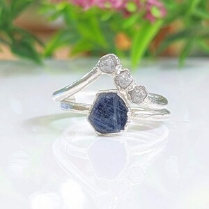 Raw Sapphire and rough diamond Chevron bridal ring set in Sterling Silver