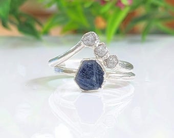 Raw Sapphire & diamond engagement ring, September birthstone ring, Sterling Silver Chevron diamond ring, Raw diamond ring Raw Sapphire ring