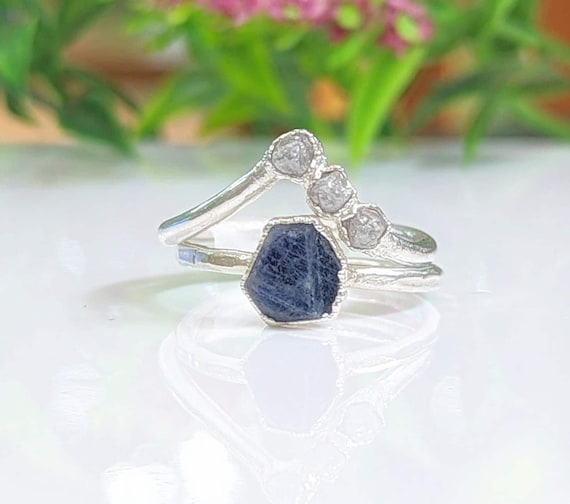 Raw Sapphire & diamond engagement ring, September birthstone ring, Sterling Silver Chevron diamond ring, Raw diamond ring Raw Sapphire ring