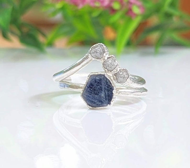 Raw Sapphire and rough diamond Chevron bridal ring set in Sterling Silver