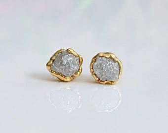 Raw diamond stud earrings, Rough diamond earrings, Uncut diamond jewelry White diamond earrings Diamond bridal earrings Diamond bridal studs