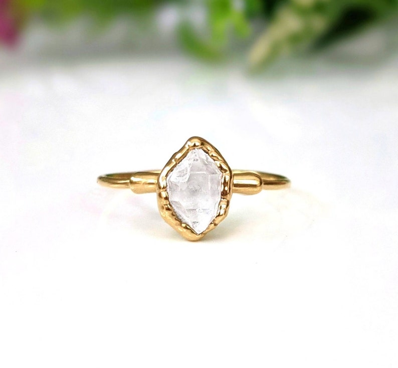Herkimer diamond ring, Rustic alternative engagement ring, April birthstone ring, Solid 14k Gold Solitaire diamond promise ring, Boho ring image 2