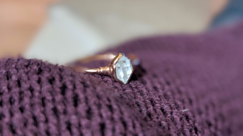 Herkimer diamond ring, Rustic alternative engagement ring, April birthstone ring, Solid 14k Gold Solitaire diamond promise ring, Boho ring image 4