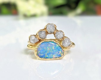 Australian Opal and raw diamond wedding ring set, Opal engagement ring, Raw diamond ring Solid Gold diamond Chevron ring Unique wedding ring