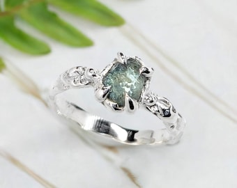 Raw Montana Sapphire Ring: Rustic Sterling Silver Engagement Ring