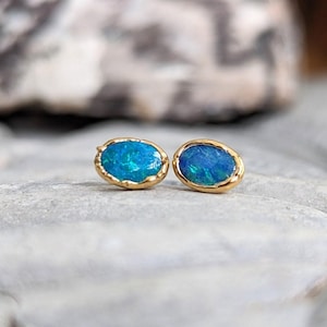 Blue Australian Opal stud earrings, Blue opal earrings, Australian Blue Opal earrings, Handmade earrings, Opal jewelry, October birthstone