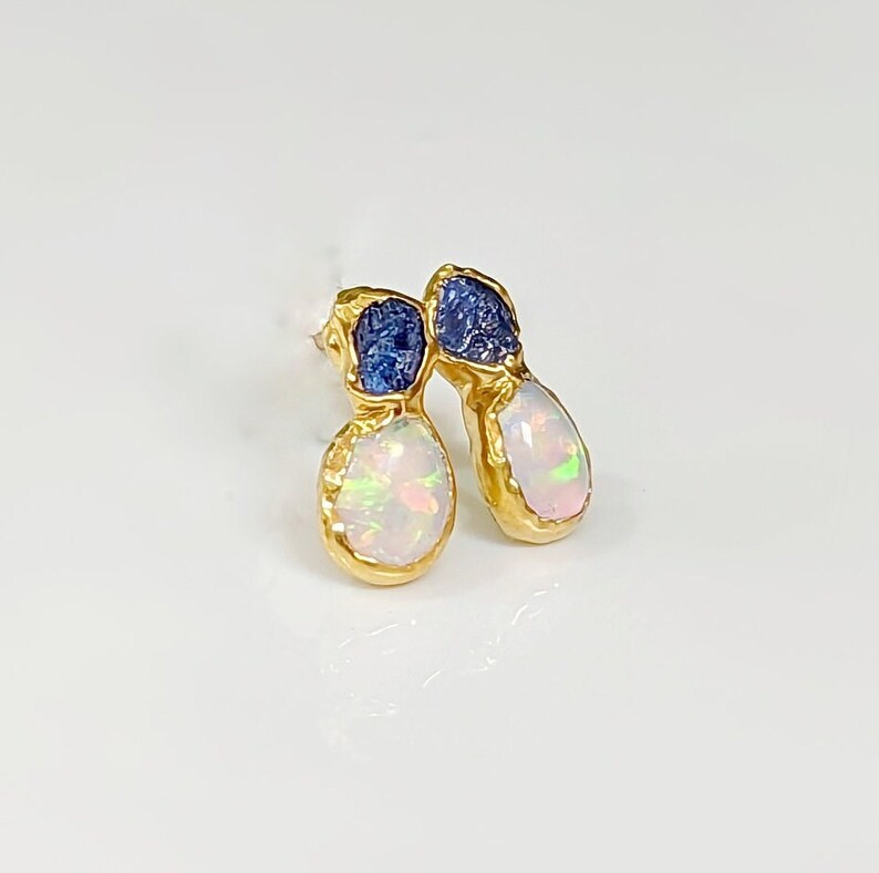 Raw Sapphire and Opal stud earrings, Sapphire stud earrings, Opal stud earrings, Opal Bridal earrings, September birthstone, Opal earrings image 8