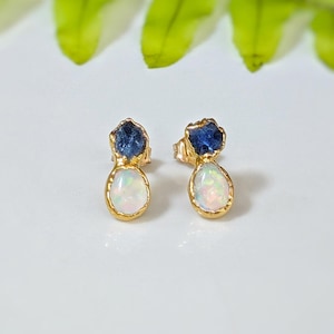 Raw Sapphire and Opal stud earrings, Sapphire stud earrings, Opal stud earrings, Opal Bridal earrings, September birthstone, Opal earrings
