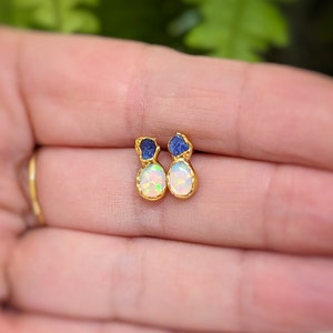 Raw Sapphire and Opal stud earrings, Sapphire stud earrings, Opal stud earrings, Opal Bridal earrings, September birthstone, Opal earrings image 4