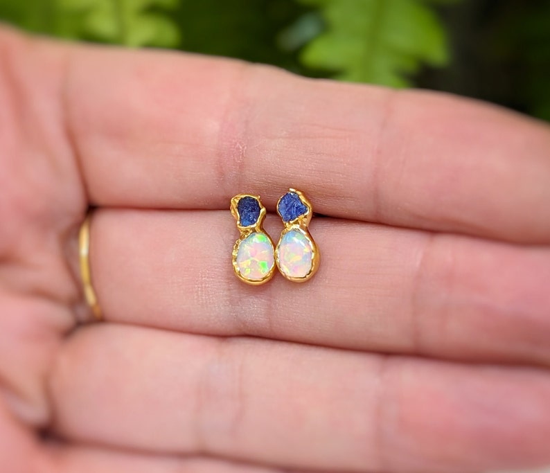 Raw Sapphire and Opal stud earrings, Sapphire stud earrings, Opal stud earrings, Opal Bridal earrings, September birthstone, Opal earrings image 4