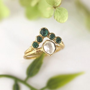 Emerald and Herkimer diamond wedding ring, Emerald chevron ring, Herkimer diamond ring, Raw diamond engagement ring, Unique engagement ring