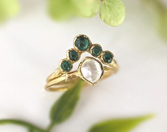 Emerald and Herkimer diamond wedding ring, Emerald chevron ring, Herkimer diamond ring, Raw diamond engagement ring, Unique engagement ring