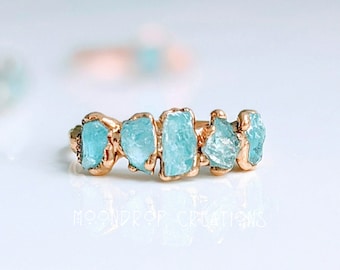 Raw Aquamarine ring, March birthstone ring, Raw gemstone ring, Multi-stone ring, Raw crystal ring, Gold Anniversary ring, Birthstone jewelry
