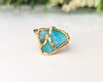 Gold Peruvian Opal Kintsugi style Ring, Unique Statement ring, Opal Cocktail ring, Handcrafted Aqua Blue Opal ring, Unique gift for her