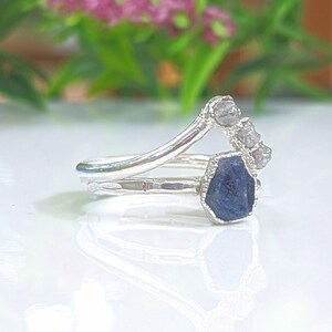 Raw Sapphire and rough diamond Chevron bridal ring set in Sterling Silver