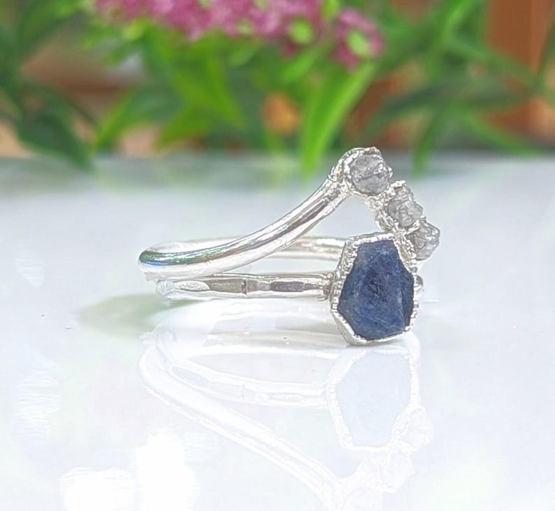 Raw Sapphire and rough diamond Chevron bridal ring set in Sterling Silver