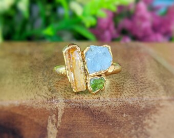 Raw gemstone Cluster ring, Multi-stone ring, Raw Topaz, Raw Aquamarine, Raw Peridot, Personalized Gift, Birthstone jewelry, Statement ring