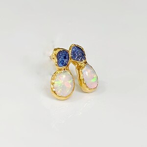 Raw Sapphire and Opal stud earrings, Sapphire stud earrings, Opal stud earrings, Opal Bridal earrings, September birthstone, Opal earrings image 3