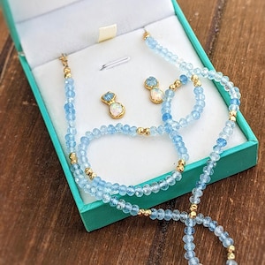 Aquamarine and Opal bridal jewelry set, Raw Aquamarine and Opal stud earrings, Aquamarine bead necklace, Opal stud earrings, Gift for bride
