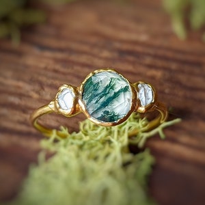 Moss Agate and diamond engagement ring, Herkimer Diamond ring, Moss Agate ring, Unique engagement ring, Nature-Inspired Engagement Rings
