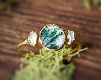 Moss Agate and diamond engagement ring, Herkimer Diamond ring, Moss Agate ring, Unique engagement ring, Nature-Inspired Engagement Rings