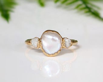 Freshwater Pearl & Raw Diamond 14k Gold Engagement Ring