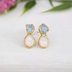 Raw Aquamarine and Opal stud earrings, Aquamarine stud earrings, Opal stud earrings, Opal Bridal earrings, March birthstone, Opal earrings image 1