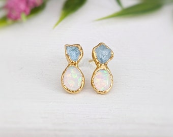 Raw Aquamarine and Opal stud earrings, Aquamarine stud earrings, Opal stud earrings, Opal Bridal earrings, March birthstone, Opal earrings