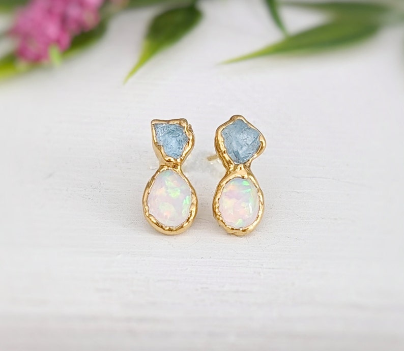 Raw Aquamarine and Opal stud earrings, Aquamarine stud earrings, Opal stud earrings, Opal Bridal earrings, March birthstone, Opal earrings image 1