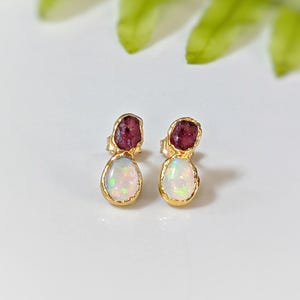 Raw Ruby and Australian Opal Stud Earrings: Gold Filled Bridal Jewelry