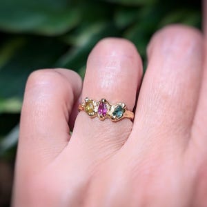 Solid Gold Tourmaline ring, Multi tourmaline ring, 3-stone ring, Gold gemstone ring, Unique engagement ring, Gold textured ring Gift for her