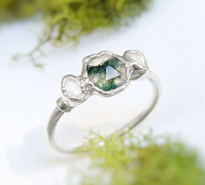 Octagonal shape Moss Agate ring and Herkimer diamond ring in 18k Gold