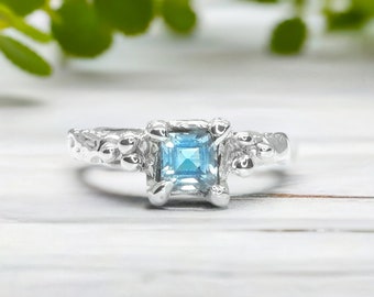 Blue Topaz ring, One of a kind gemstone ring, Textured Rustic Silver ring, Blue crystal ring, Unique engagement ring, Gift for girlfriend