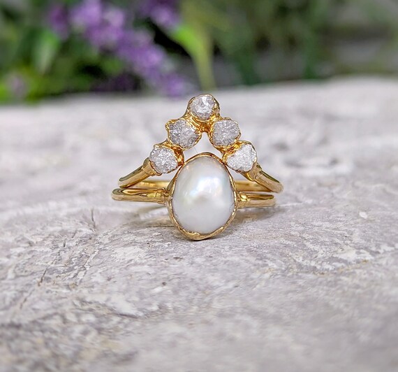 Raw diamond wedding ring and Freshwater pearl engagement ring 14k Gold Diamond Chevron ring Unique pearl ring Alternative engagement ring
