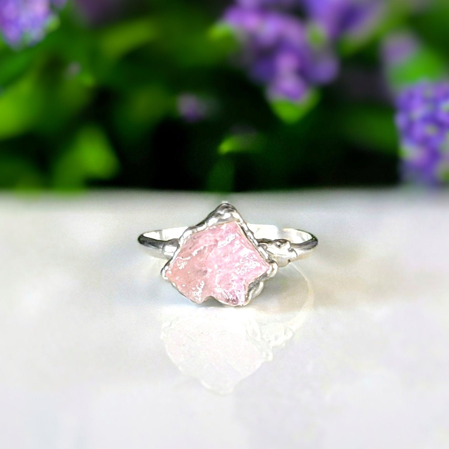 Raw Morganite ring for women, Raw stone Sterling silver ...