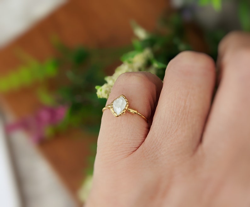 Herkimer diamond ring, Rustic alternative engagement ring, April birthstone ring, Solid 14k Gold Solitaire diamond promise ring, Boho ring image 3