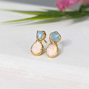 Raw Aquamarine and Opal stud earrings, Aquamarine stud earrings, Opal stud earrings, Opal Bridal earrings, March birthstone, Opal earrings image 4