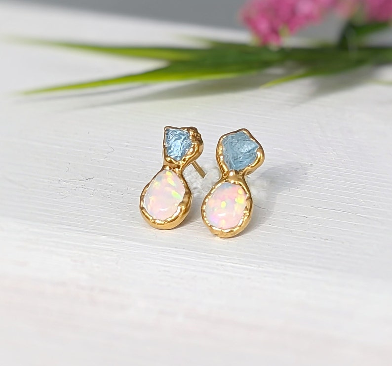 Raw Aquamarine and Opal stud earrings, Aquamarine stud earrings, Opal stud earrings, Opal Bridal earrings, March birthstone, Opal earrings image 4
