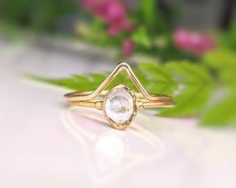 Herkimer diamond engagement ring, Gold Chevron ring, Raw diamond wedding ring set, Raw crystal wedding ring, Unique diamond engagement ring