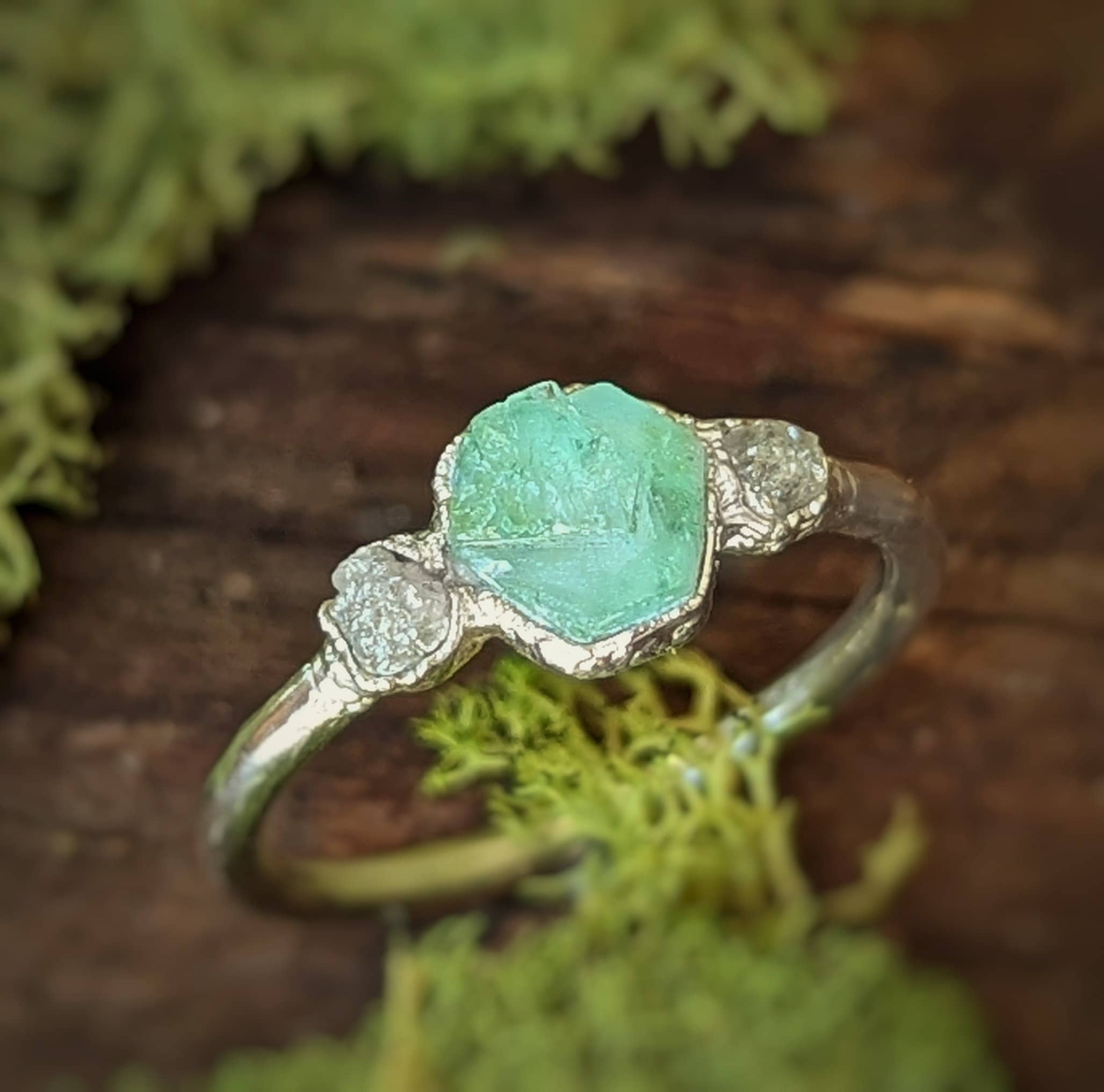Raw Emerald Diamond Engagement Ring Raw Emerald Ring Rough Diamond Ring May Birthstone Ring Raw Crystal Ring Unique Engagement Ring Etsy UK