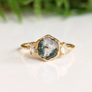 Moss Agate & diamond engagement ring, Silver Herkimer diamond ring, Nature-Inspired Engagement Rings Raw crystal ring Unique engagement ring image 9