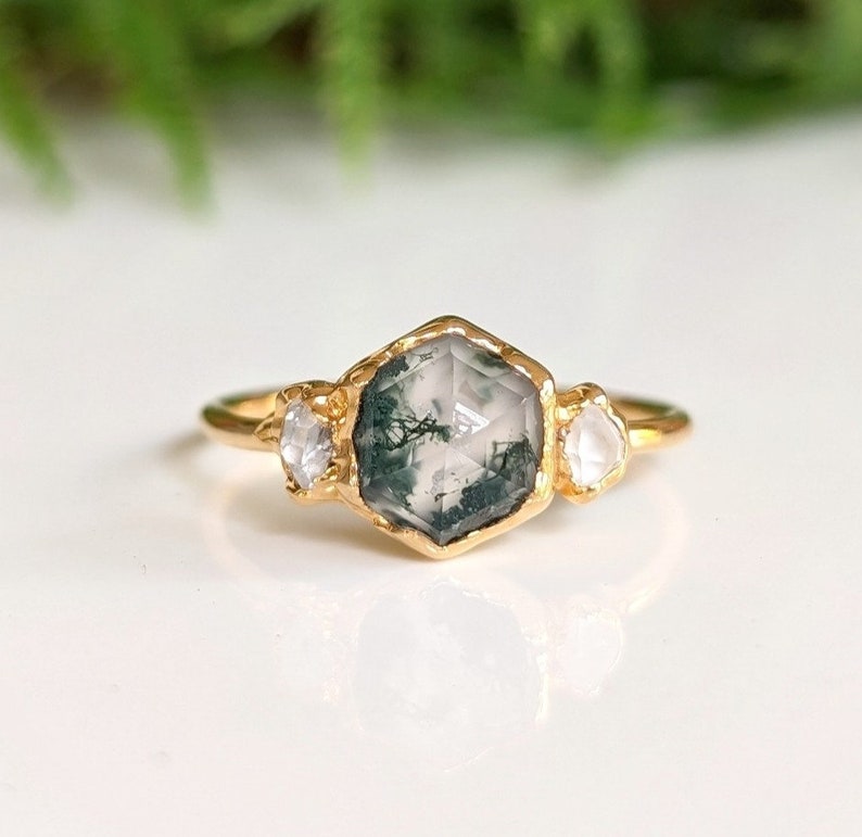 Moss Agate & diamond engagement ring, Silver Herkimer diamond ring, Nature-Inspired Engagement Rings Raw crystal ring Unique engagement ring image 9