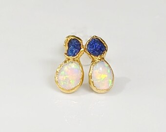 Raw Sapphire and Opal stud earrings, Sapphire stud earrings, Opal stud earrings, Opal Bridal earrings, September birthstone, Opal earrings