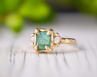 Raw Emerald and diamond engagement ring, Solid Gold rustic ring, One of a kind gemstone ring, Unique Nature inspired diamond & Emerald ring