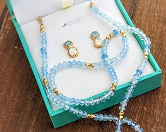 Aquamarine and Opal bridal jewelry set, Raw Aquamarine and Opal stud earrings, Aquamarine bead necklace, Opal stud earrings, Bridal earrings