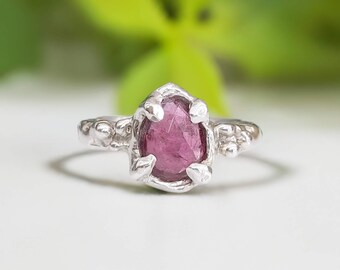 Pink Sapphire Sterling Silver Ring: Rustic Engagement Ring